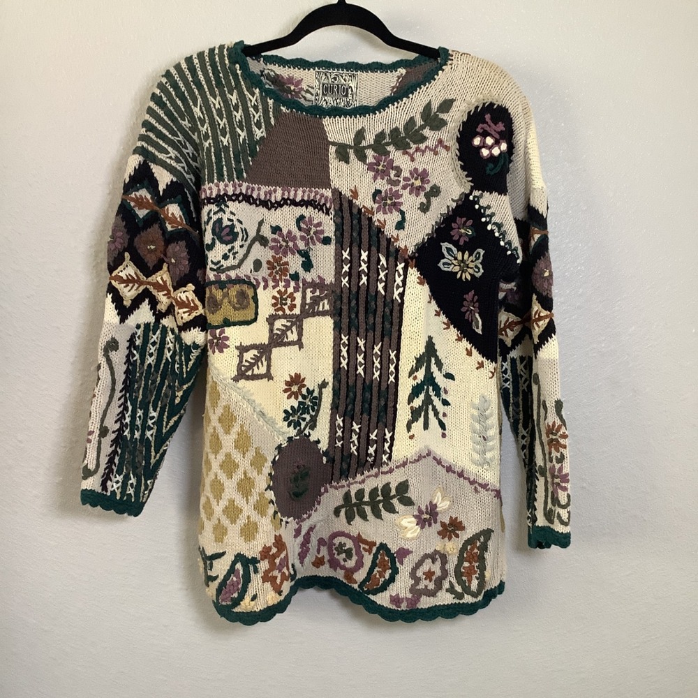 Vintage 90s Patchwork Knitted Retro Embroidered Cottagecore Goblincore Sweater S